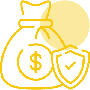 Yellow icon of a money bag and shield, representing accident video upload for free confidential review by a Seattle car accident lawyer.