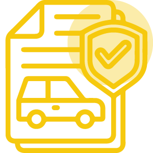 Yellow icon of a document with a car and shield, representing video review and submission to a Seattle car accident lawyer.