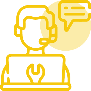 Yellow icon of a headset representative with a laptop, symbolizing the Seattle Car Accident law firm’s 24/7 support team for accident assistance.