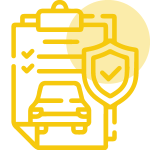 Yellow icon of a checklist with a car and shield, representing meeting with a Seattle Car Accident lawyer for legal guidance.