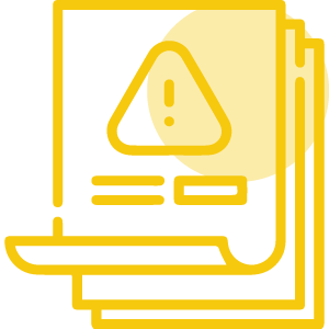 Yellow icon of documents with a warning symbol, representing video upload and accident footage submission to Seattle Car Accident law firm.