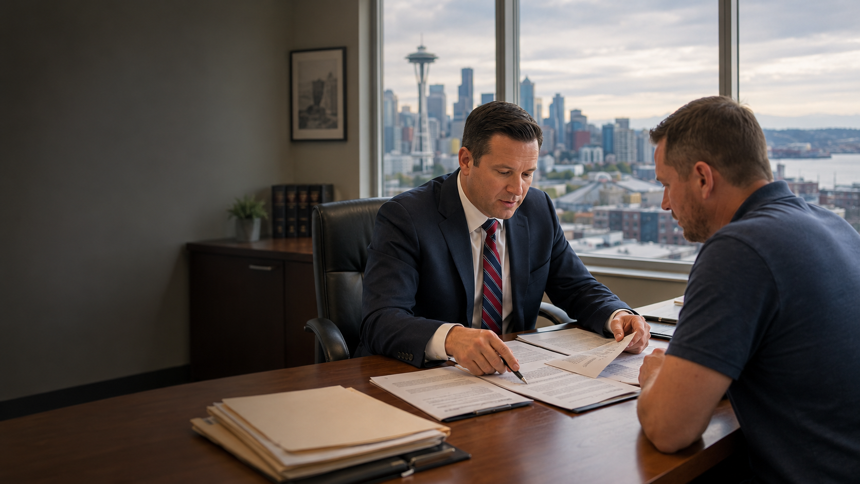 Seattle car accident attorney reviewing claim documents with a client during a legal consultation.