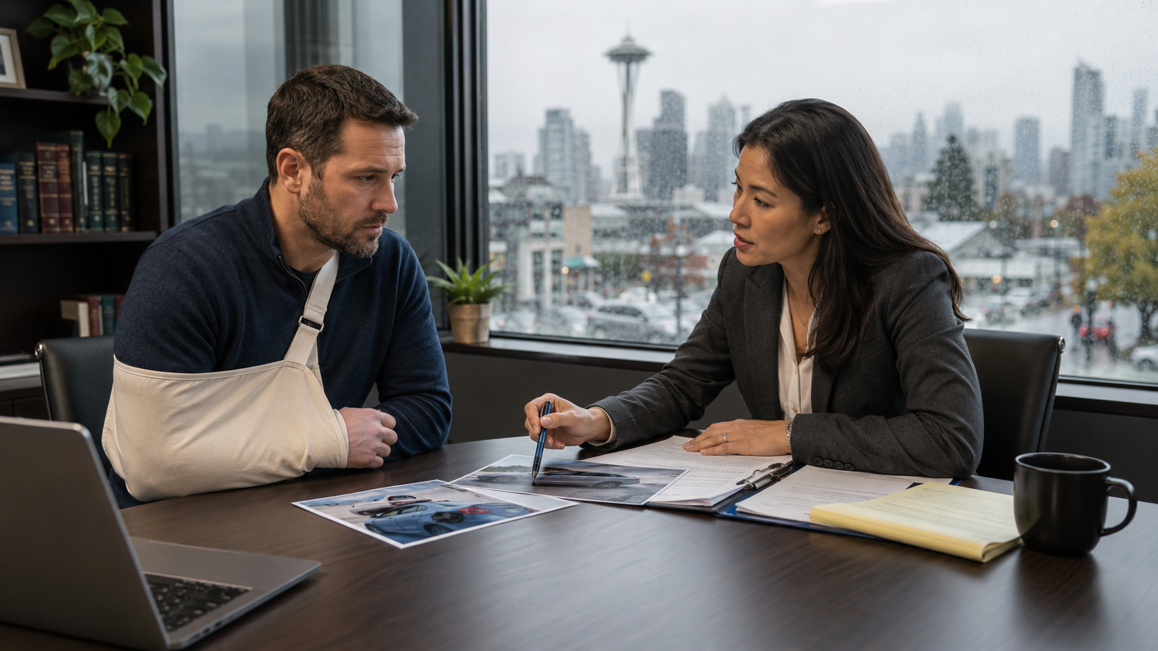 Injured client meeting with a Seattle car accident lawyer during a free consultation to review crash photos and claim documents.