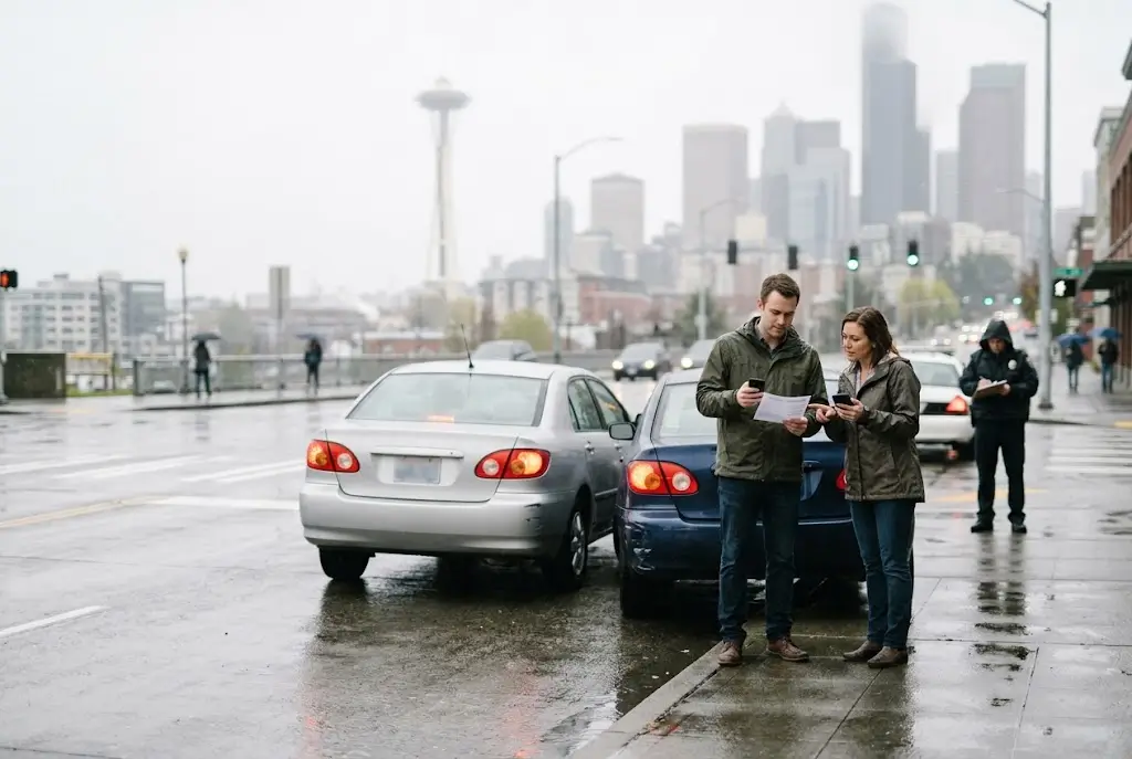 Two drivers exchange insurance information after a minor at-fault car accident on a rainy Seattle street, with the Space Needle and skyline in the background