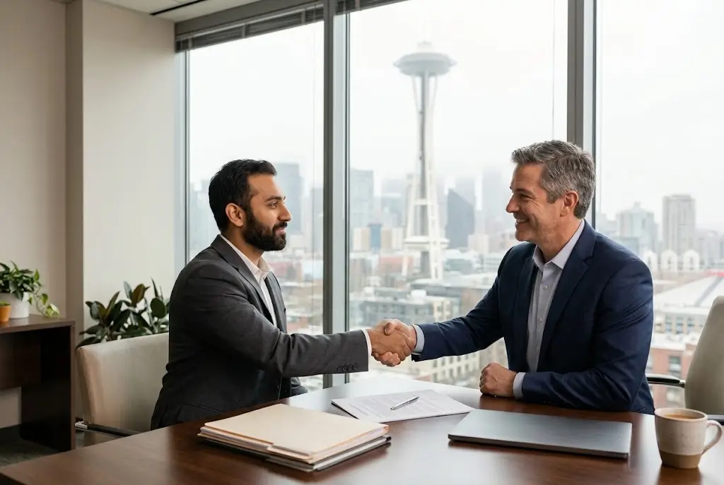 Seattle car accident lawyer and client shaking hands over a representation agreement, with the Space Needle visible through the office window