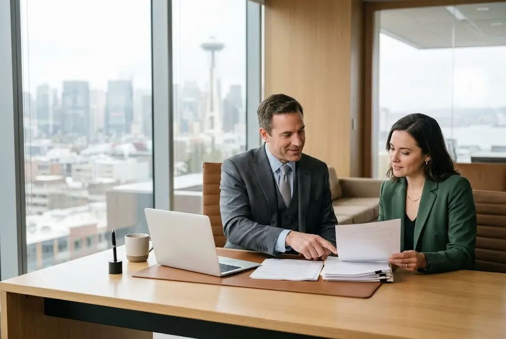 A professional lawyer pointing to legal documents during a consultation with a client inside a modern Seattle office, featuring a view of the Space Needle and city skyline through large windows in the background.
