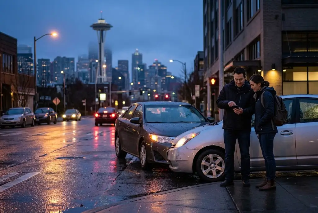 A calm rideshare driver and passenger standing on a rain-slicked downtown Seattle sidewalk at dusk, looking at a smartphone screen after a minor fender bender, with light reflected off the wet street and the Space Needle visible in the background.