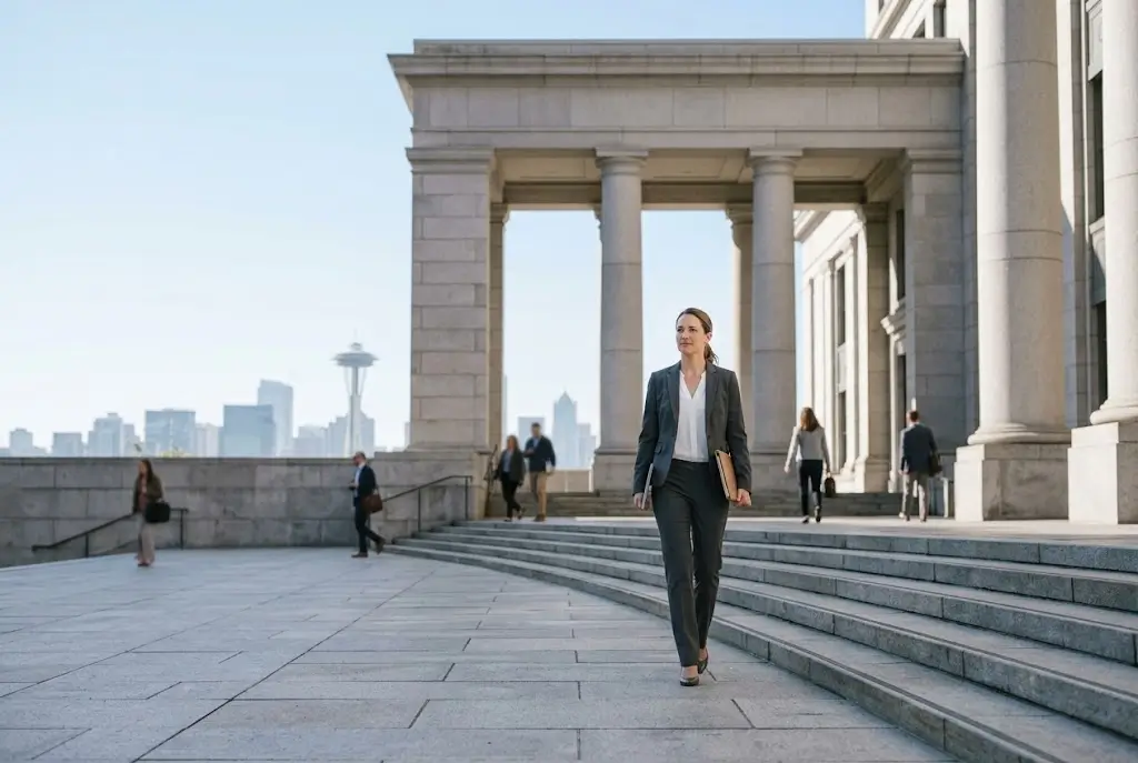 King County car accident lawyer walking down the steps of a Seattle courthouse with a case file, the Space Needle and skyline in the background