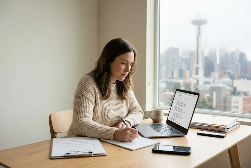 Woman at a desk comparing car accident lawyers near her in Seattle using a printed checklist and laptop, with the Space Needle and skyline through the window