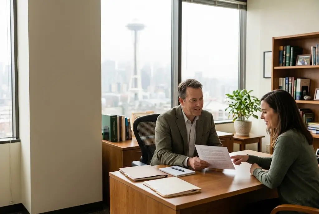 Business consultant discussing documents with a client in a modern office.