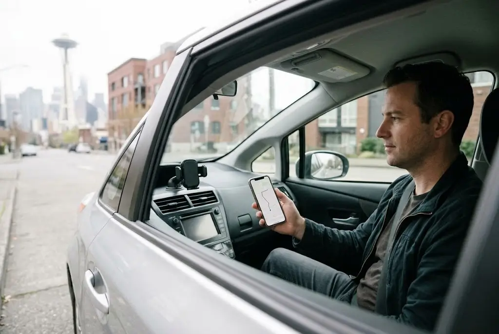 Rideshare driver sitting in a car in Seattle holding a phone with a route map, illustrating rideshare insurance coverage in Washington by driver status